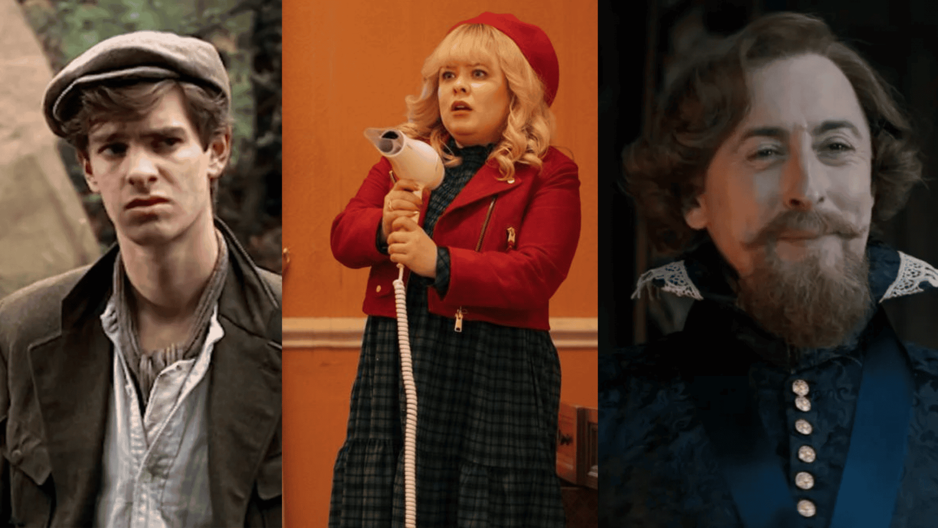 Montagem com imagens de Andrew Garfield, Nicola Coughlan e Alan Cumming em suas aparições em Doctor Who