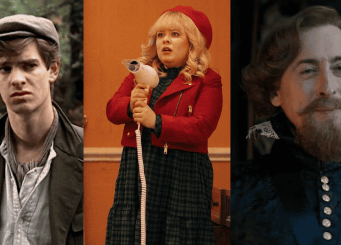 Montagem com imagens de Andrew Garfield, Nicola Coughlan e Alan Cumming em suas aparições em Doctor Who