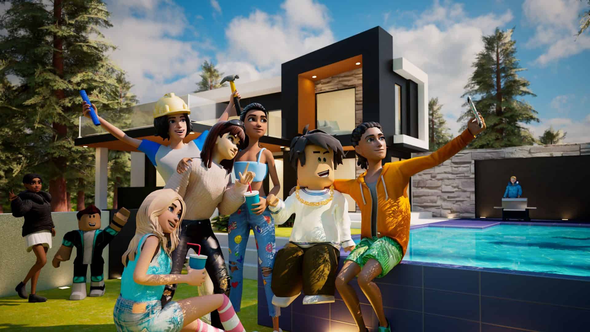 Personagens do Roblox em frente de uma mansão