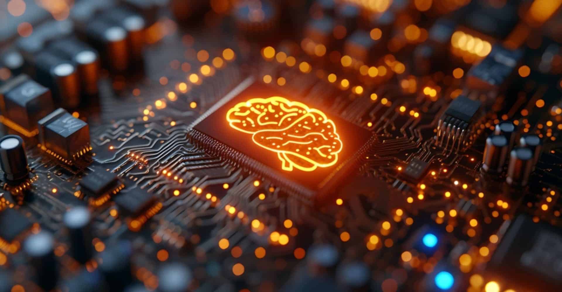 Cérebro desenhado com linhas laranjas em cima de um chip de computador