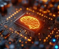 Cérebro desenhado com linhas laranjas em cima de um chip de computador