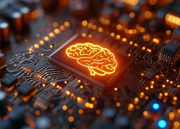 Cérebro desenhado com linhas laranjas em cima de um chip de computador