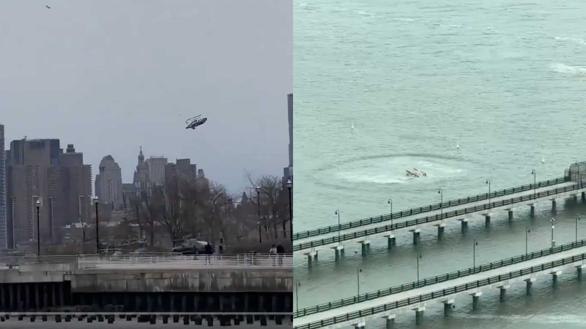 Montagem com duas capturas de tela de vídeos de queda de helicóptero no Rio Hudson, perto de Nova York