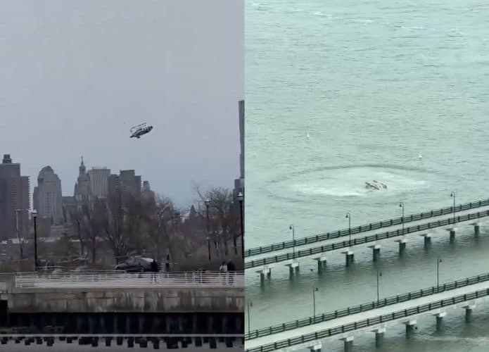 Montagem com duas capturas de tela de vídeos de queda de helicóptero no Rio Hudson, perto de Nova York