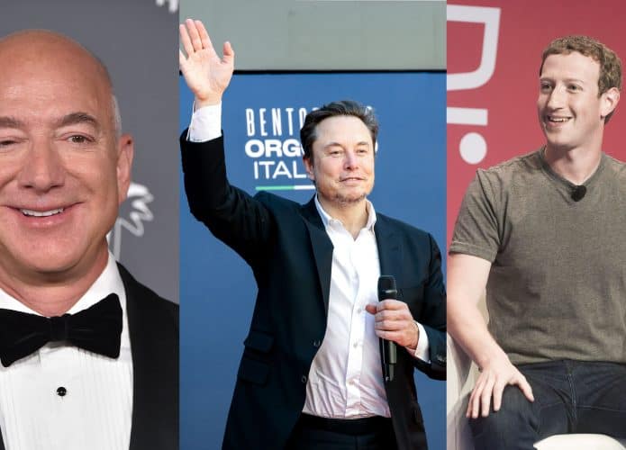 Montagem com fotos de Jeff Bezos, Elon Musk e Mark Zuckerberg, todos bilionários que apareceram no ranking da revista Forbes de 2025