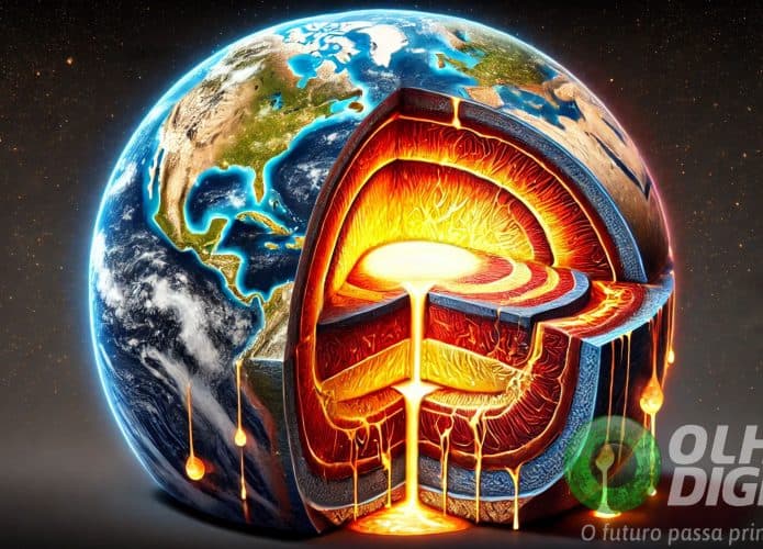 Ilustração em corte transversal da Terra mostrando uma camada da crosta terrestre derretendo lentamente, formando bolhas incandescentes que escorrem para o manto superior sob o território central dos Estados Unidos, por favor. Cores quentes indicam áreas derretidas