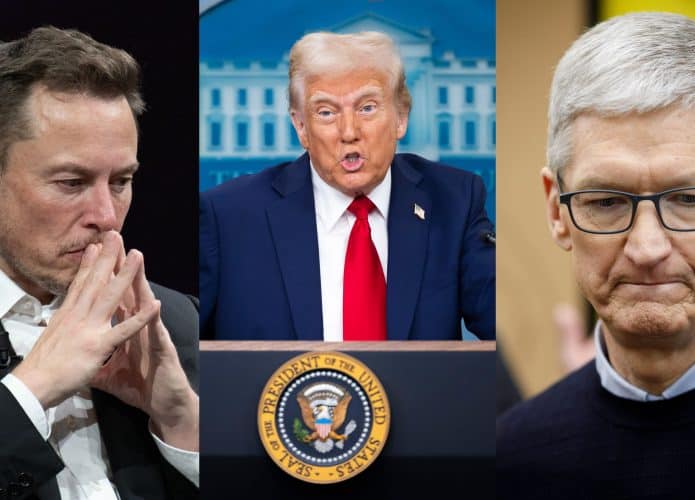 Montagem com fotos de Elon Musk, Donald Trump e Tim Cook