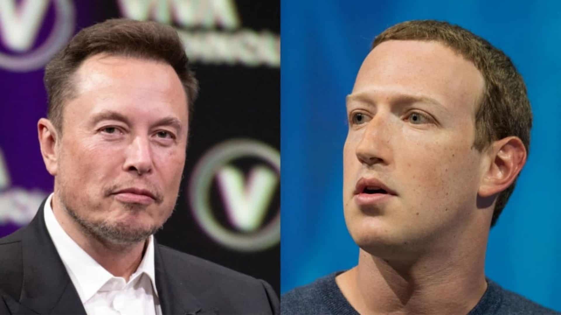 Montagem com fotos de Elon Musk e Mark Zuckerberg durante evento