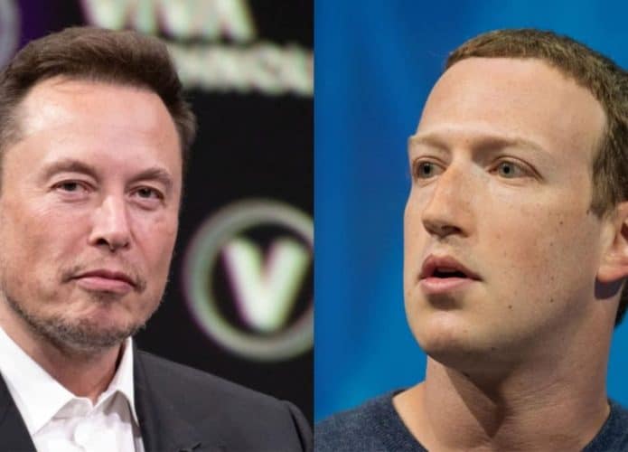 Montagem com fotos de Elon Musk e Mark Zuckerberg durante evento