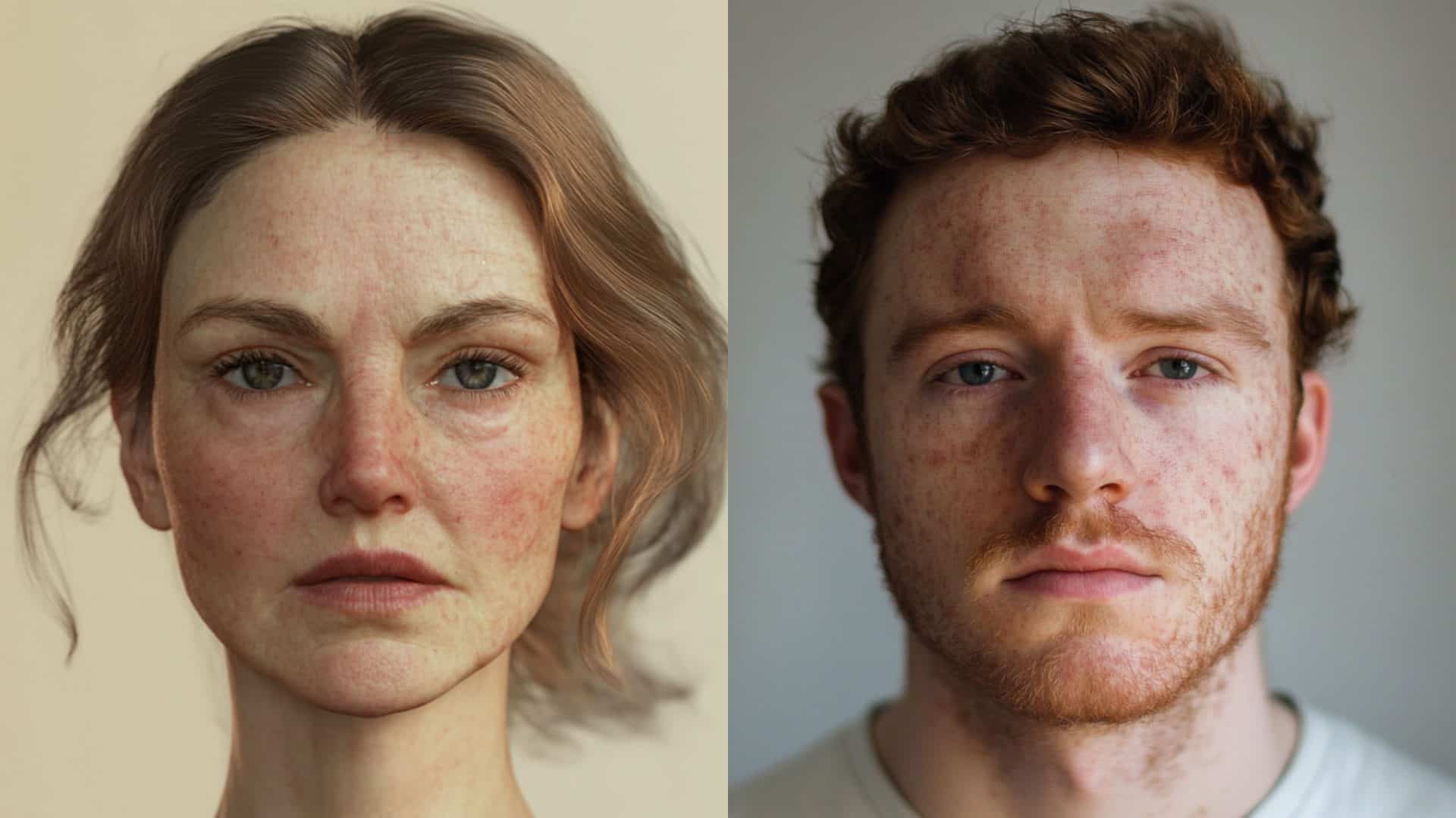 Ilustração feita por inteligência artificial mostrando possíveis efeitos de exposição média a microplásticos nos rostos de uma mulher e de um homem