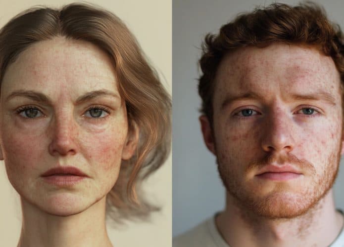 Ilustração feita por inteligência artificial mostrando possíveis efeitos de exposição média a microplásticos nos rostos de uma mulher e de um homem