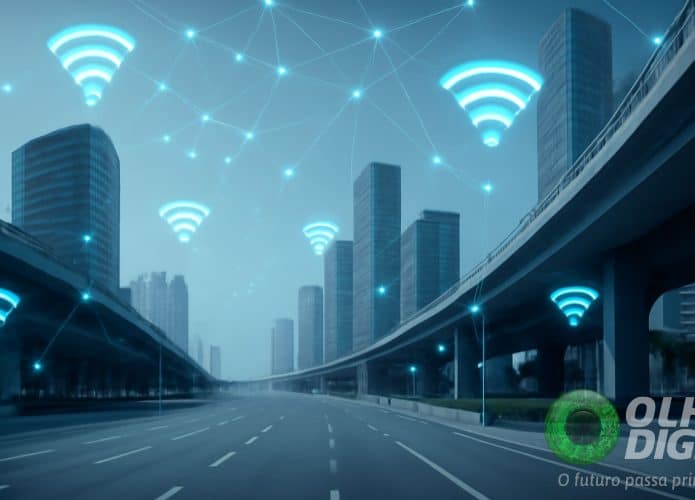 Ilustração de vista futurística da cidade fantasma Xiong'an, na China, com infraestrutura moderna e ruas vazias, simbolizando a conexão de internet avançada num ambiente desolado