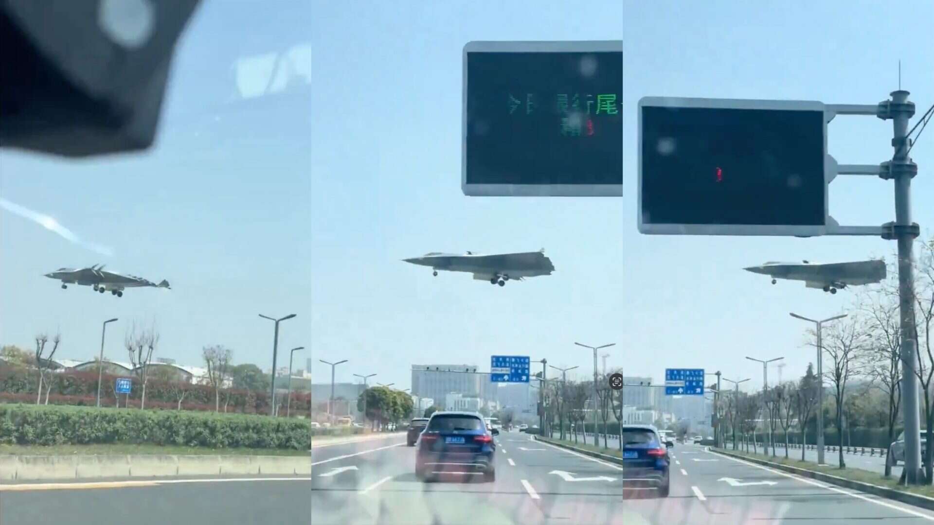 Montagem com capturas de tela de vídeo de novo jato fantasma da China passando em cima de estrada