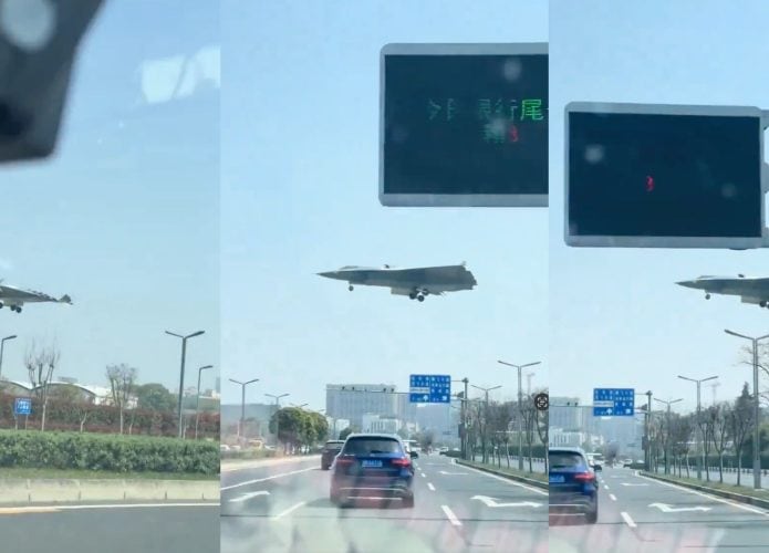 Montagem com capturas de tela de vídeo de novo jato fantasma da China passando em cima de estrada