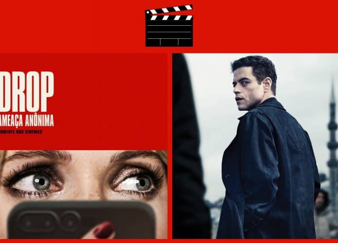 Montagem com pôsteres de Drop e Operação Vingança, dois entre os lançamentos de filmes da semana do dia 10 de abril