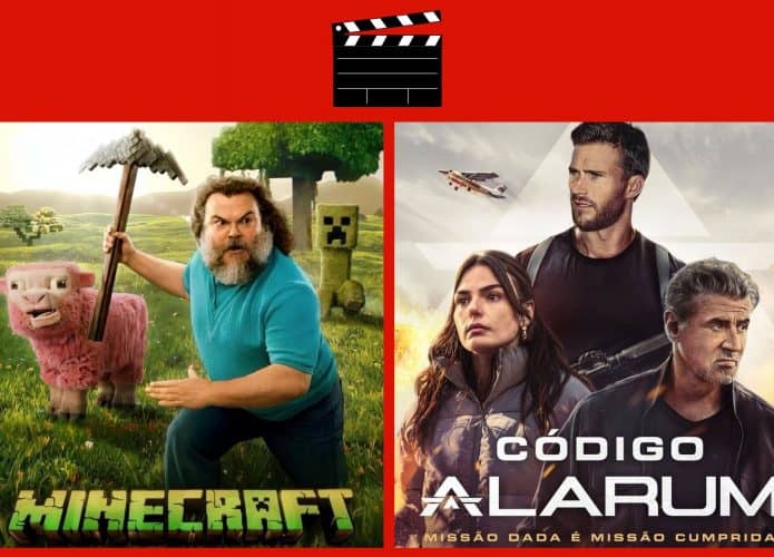 Montagem com pôsteres de Minecraft e Código Alarum, dois entre os lançamentos de filmes da semana