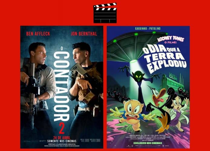 Montagem com pôsteres de O Contador 2 e Looney Tunes: O Dia que a Terra Explodiu, dois entre os lançamentos de filmes da semana de 24 de abril no cinema