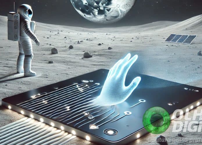 Ilustração digital de painel robótico na Lua sendo limpo por um campo de força invisível, visualizado por suaves ondas de luz azul em formato de uma mão