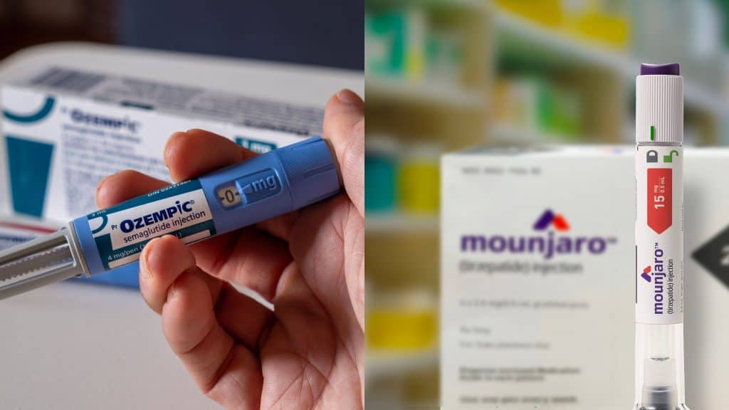 Montagem com fotos de pessoa segurando caneta de Ozempic e de caneta de Mounjaro na frente de caixa do medicamento