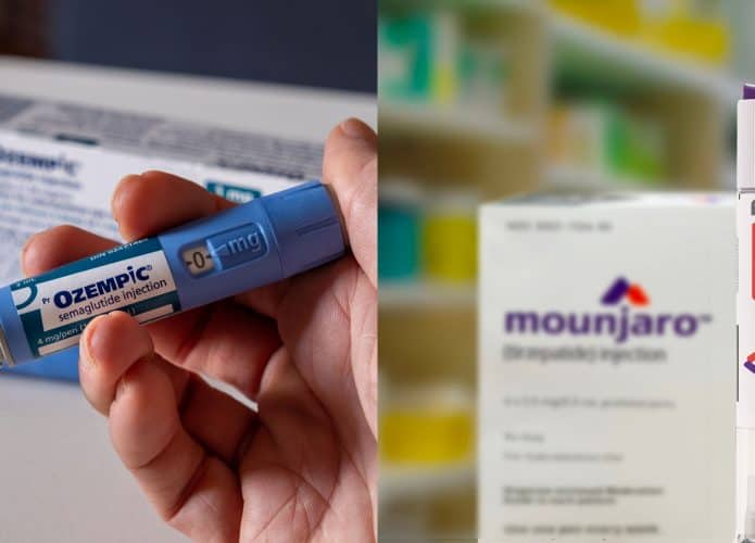 Montagem com fotos de pessoa segurando caneta de Ozempic e de caneta de Mounjaro na frente de caixa do medicamento