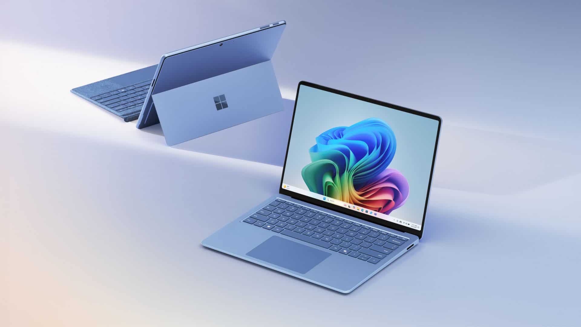 Ilustração de dois notebooks da Microsoft que são Copilot PCs