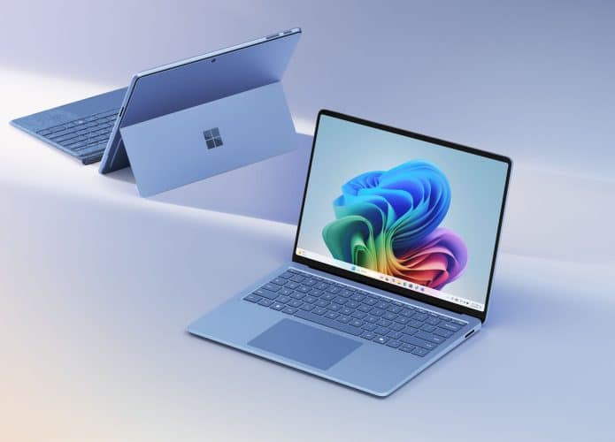 Ilustração de dois notebooks da Microsoft que são Copilot PCs