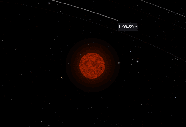 Estrela vermelha com planeta orbitando a longa distância.