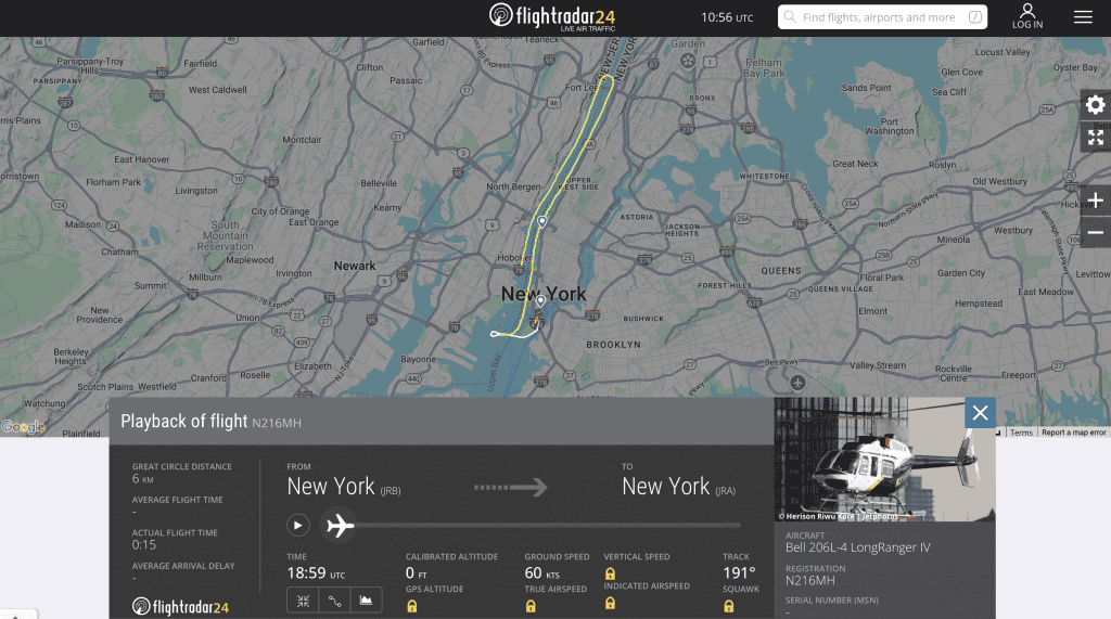 Captura de tela de página no FlightRadar24 sobre queda de helicóptero no Rio Hudson, entre Nova York e Nova Jersey