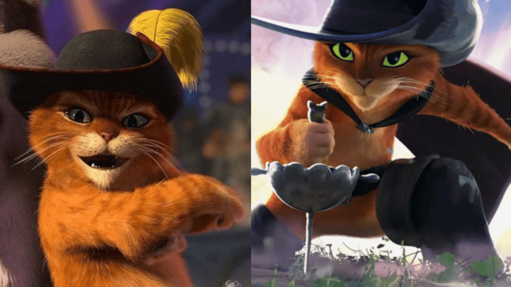 Gato de Botas em Shrek 2 (2004) e em O Gato de Botas 2 (2022) 