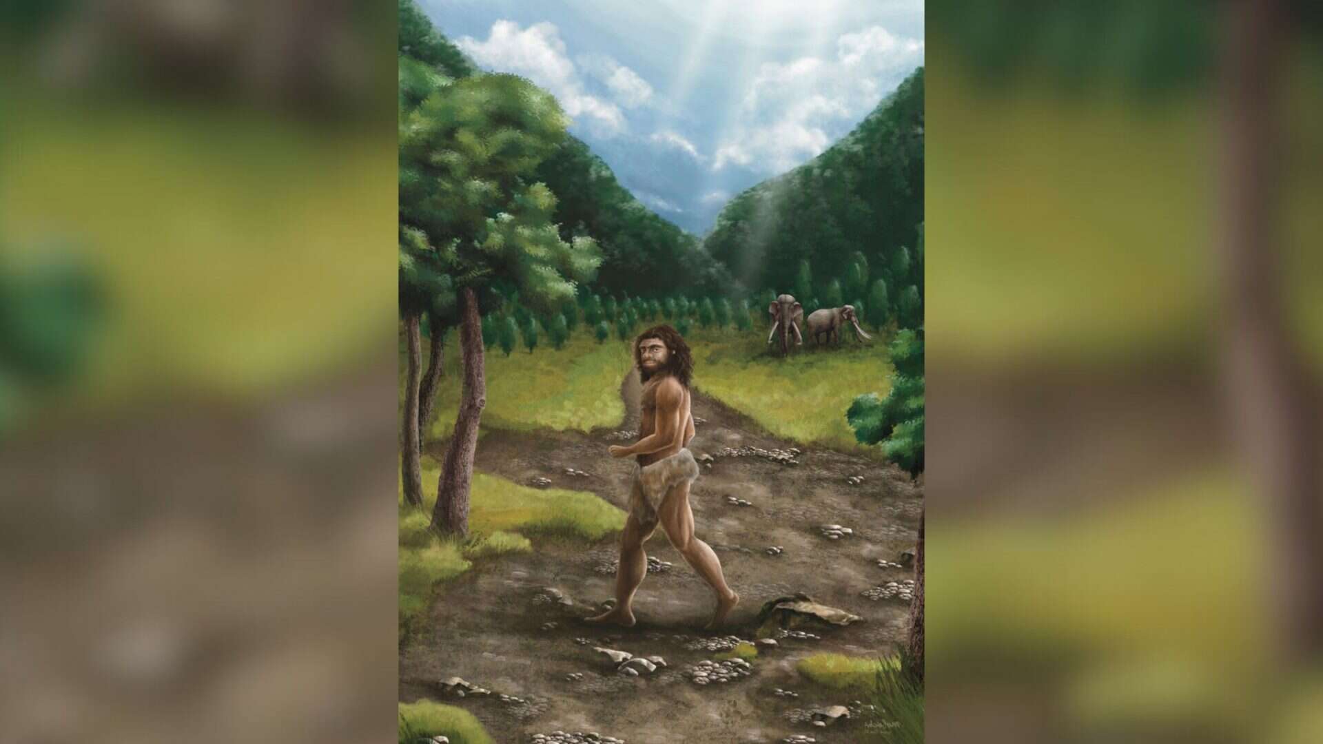 Ilustração de homem denisovano andando em floresta com dois mamutes ao fundo