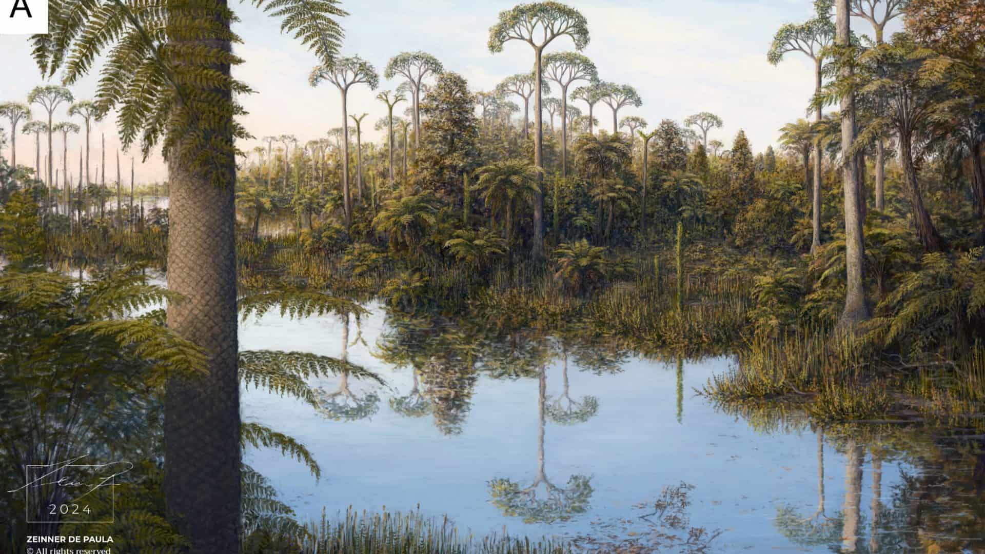 Ilustração de um bosque ancestral nos pampas do Rio Grande do Sul