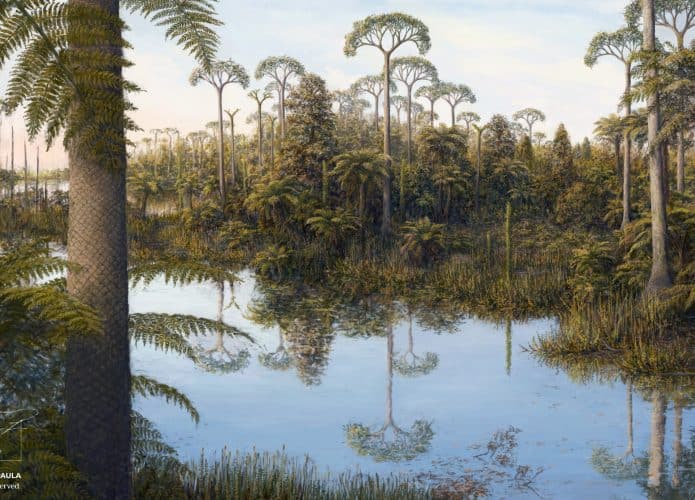 Ilustração de um bosque ancestral nos pampas do Rio Grande do Sul