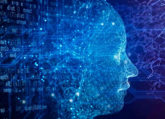 Montagem de um rosto digital em azul