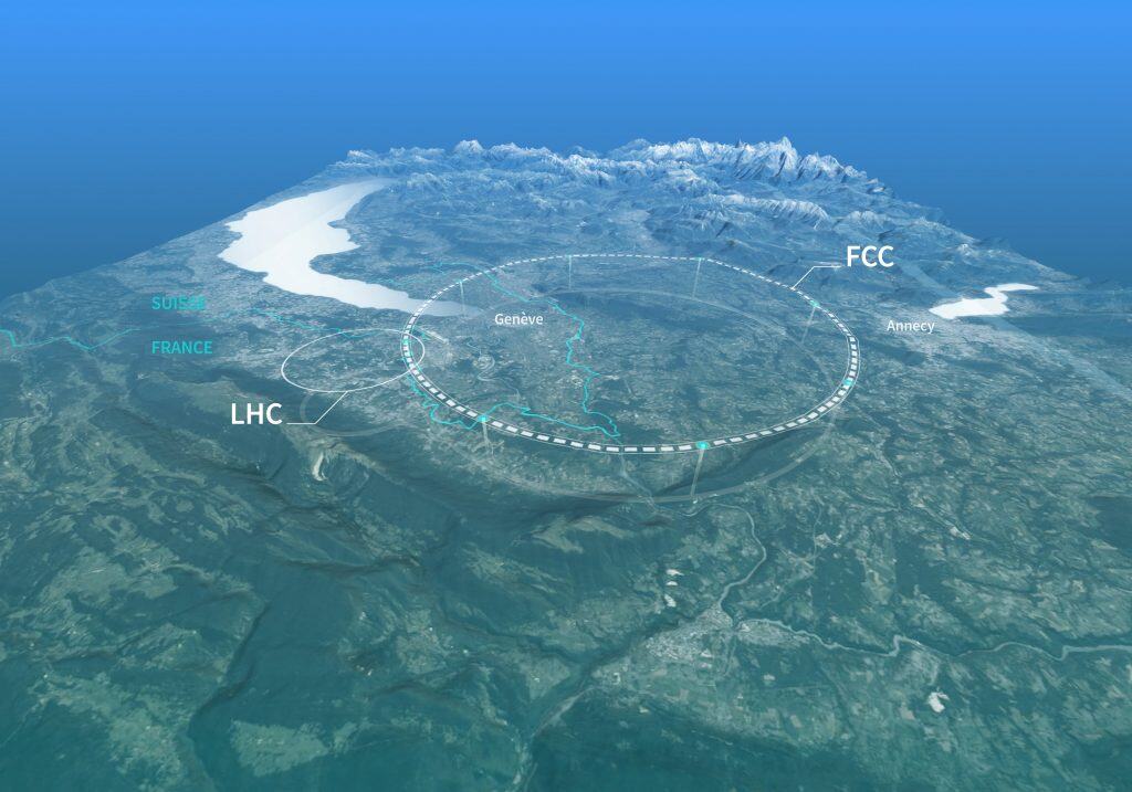 Um mapa esquemático mostrando uma possível localização para o Futuro Colisor Circular 