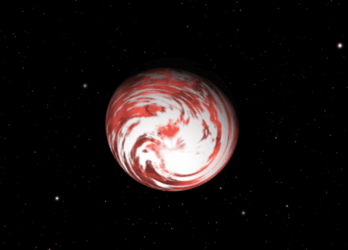 Planeta vermelho com atmosfera branca em um fundo estrelado.