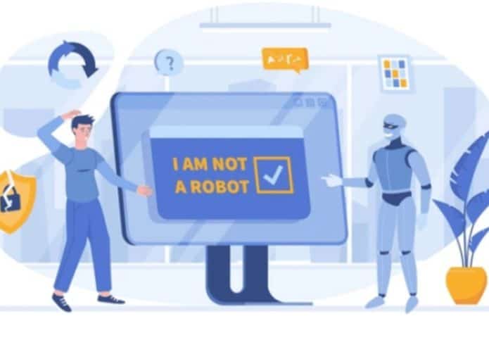 ilustração de um robô e uma pessoa com um computador e um captcha