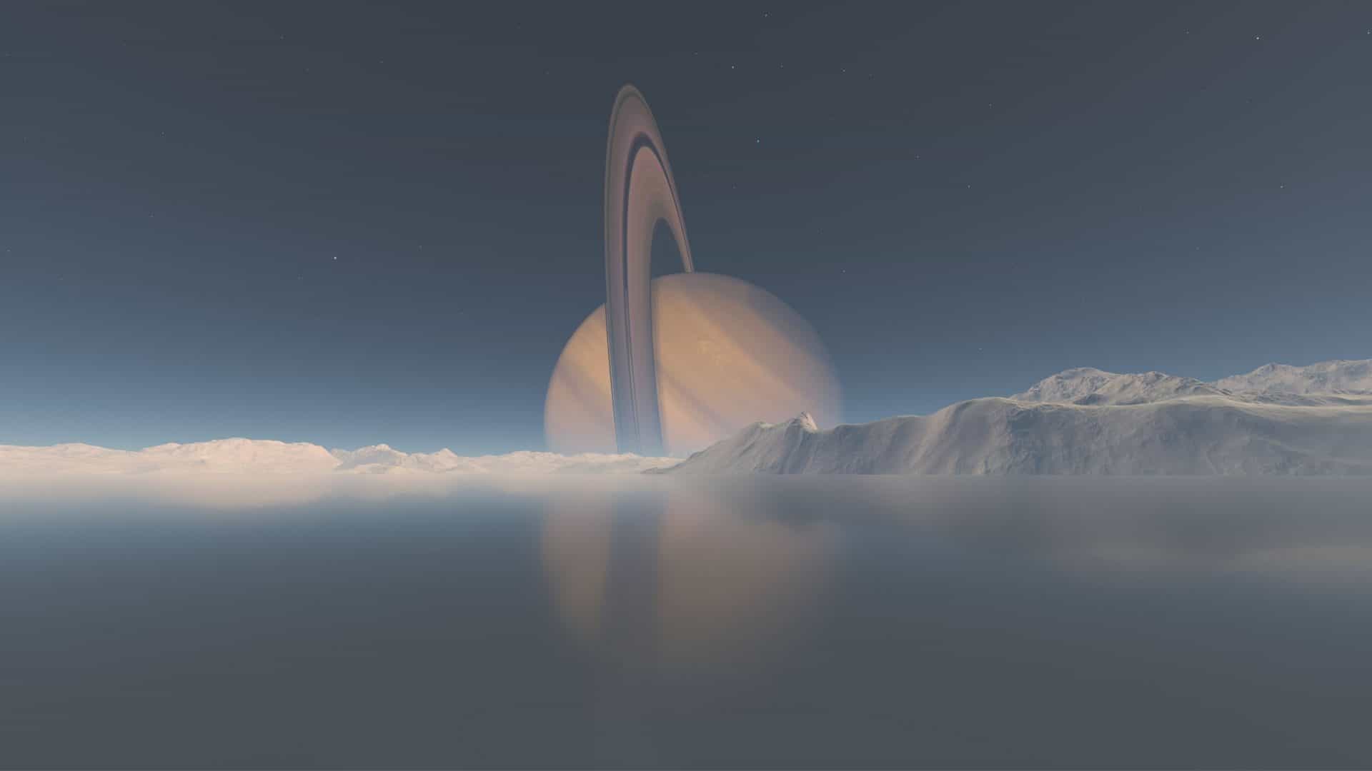 Montanhas e mar de metano em Titã, com vista de Saturno ao fundo