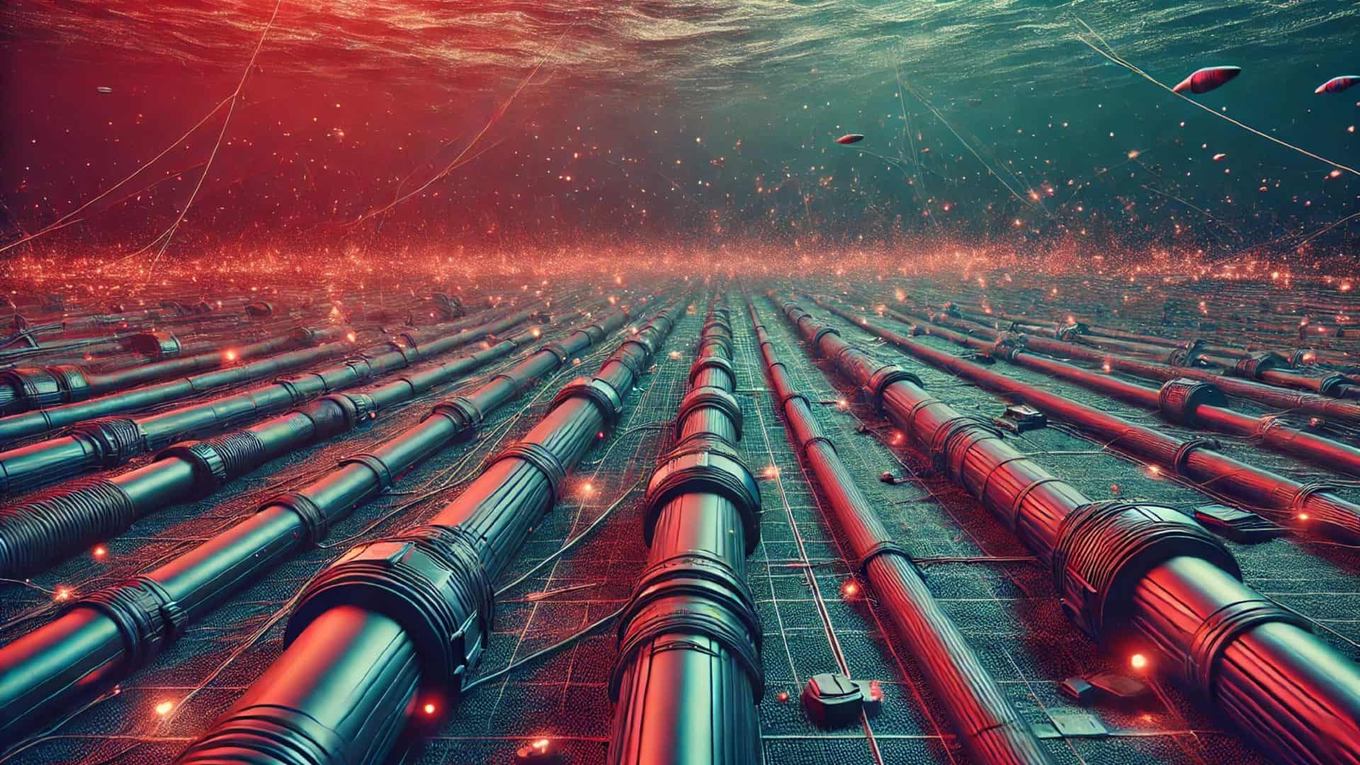 ilustração feita por IA mostrando cabos submarinos de internet em risco