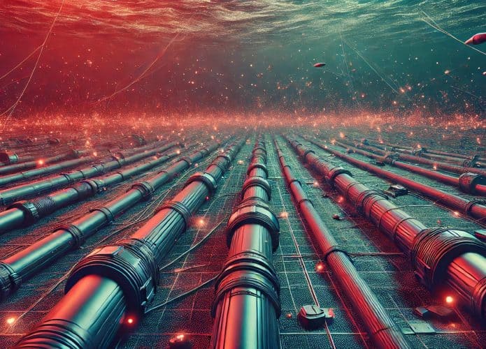 ilustração feita por IA mostrando cabos submarinos de internet em risco