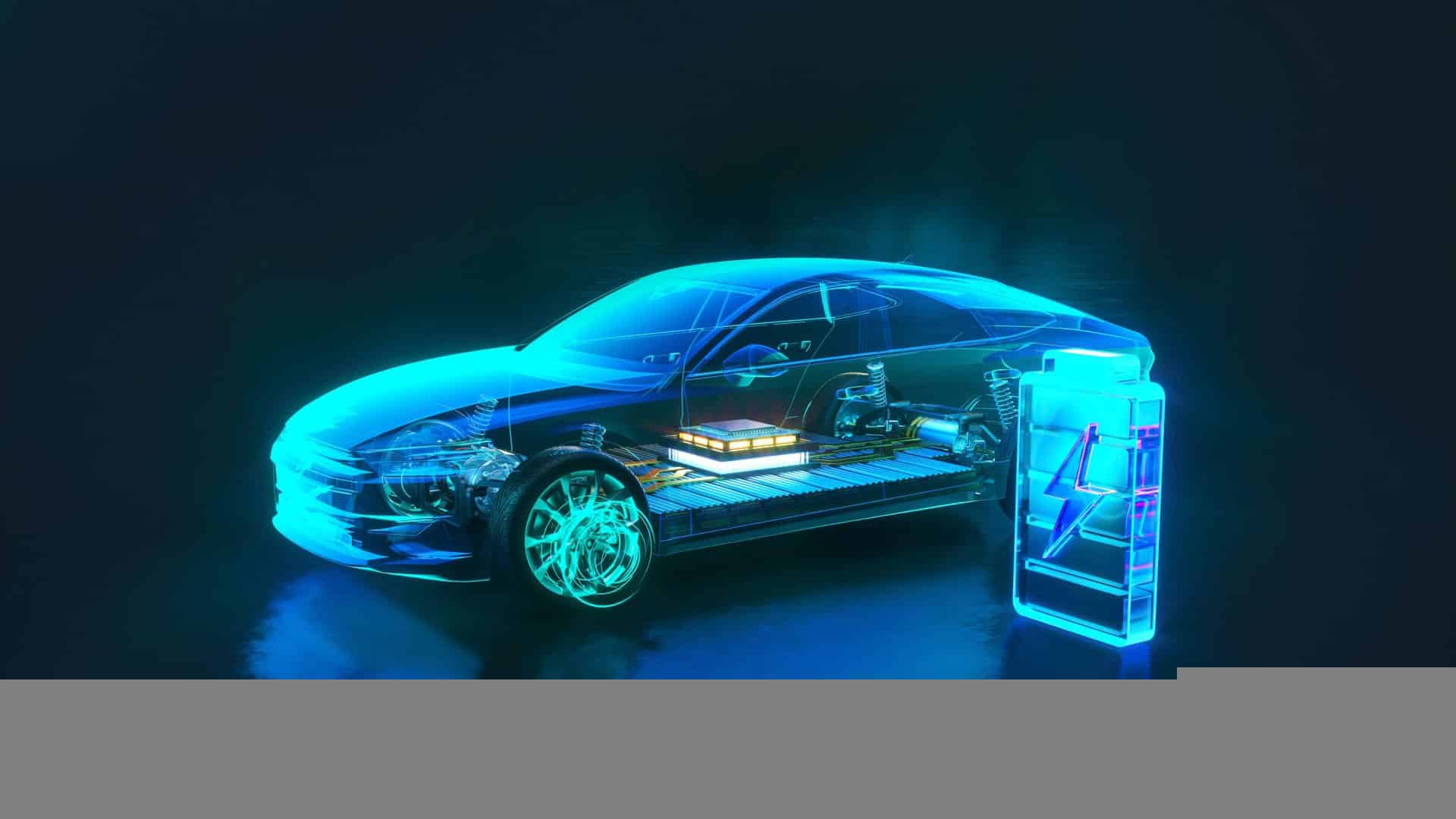 Ilustração digital em azul da carroceria de um carro e uma bateria elétrica em seu interior