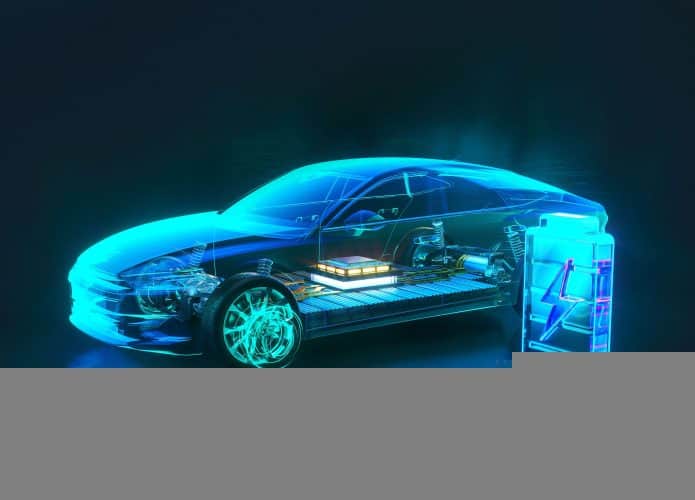 Ilustração digital em azul da carroceria de um carro e uma bateria elétrica em seu interior