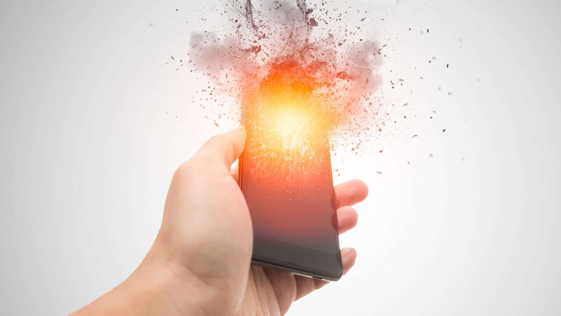Ilustração de um celular queimando e prestes a explodir