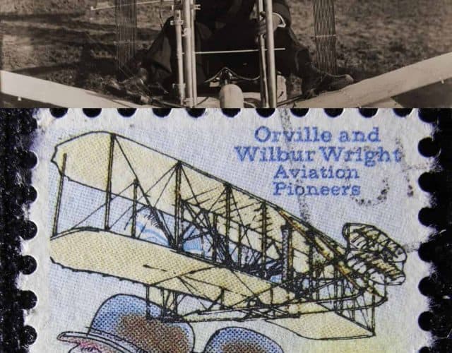 Montagem com imagens de Santos Dumont em avião e de selo com ilustração dos irmãos Wright com avião ao fundo