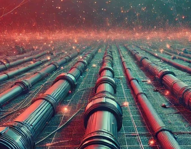 ilustração feita por IA mostrando cabos submarinos de internet em risco