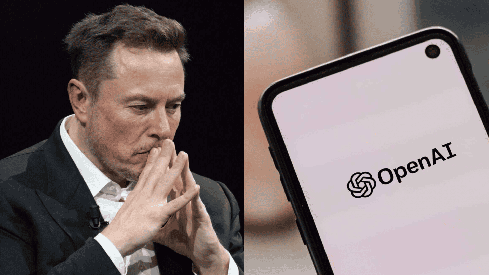 Imagem de Elon Musk ao lado de logo da OpenAI