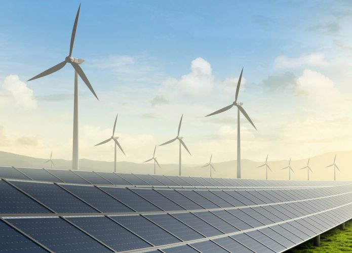 Ilustração de painéis solares e turbinas geradoras de energia eólica