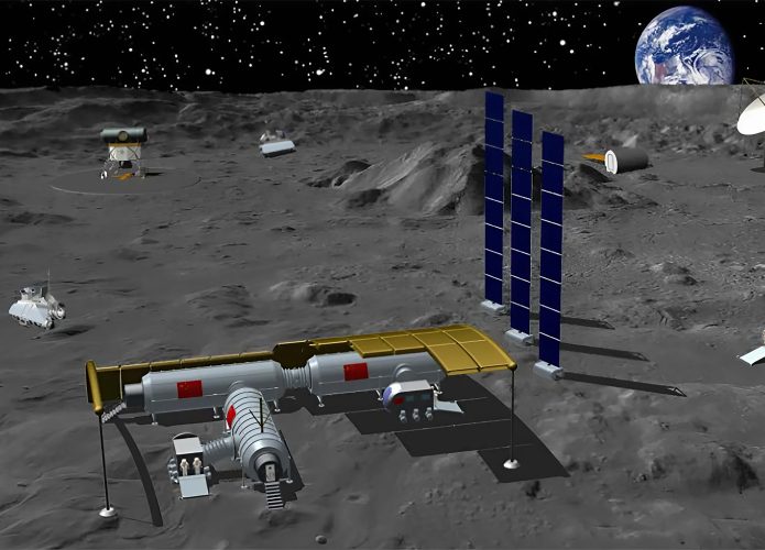 Renderização de uma base lunar chinesa conceitual