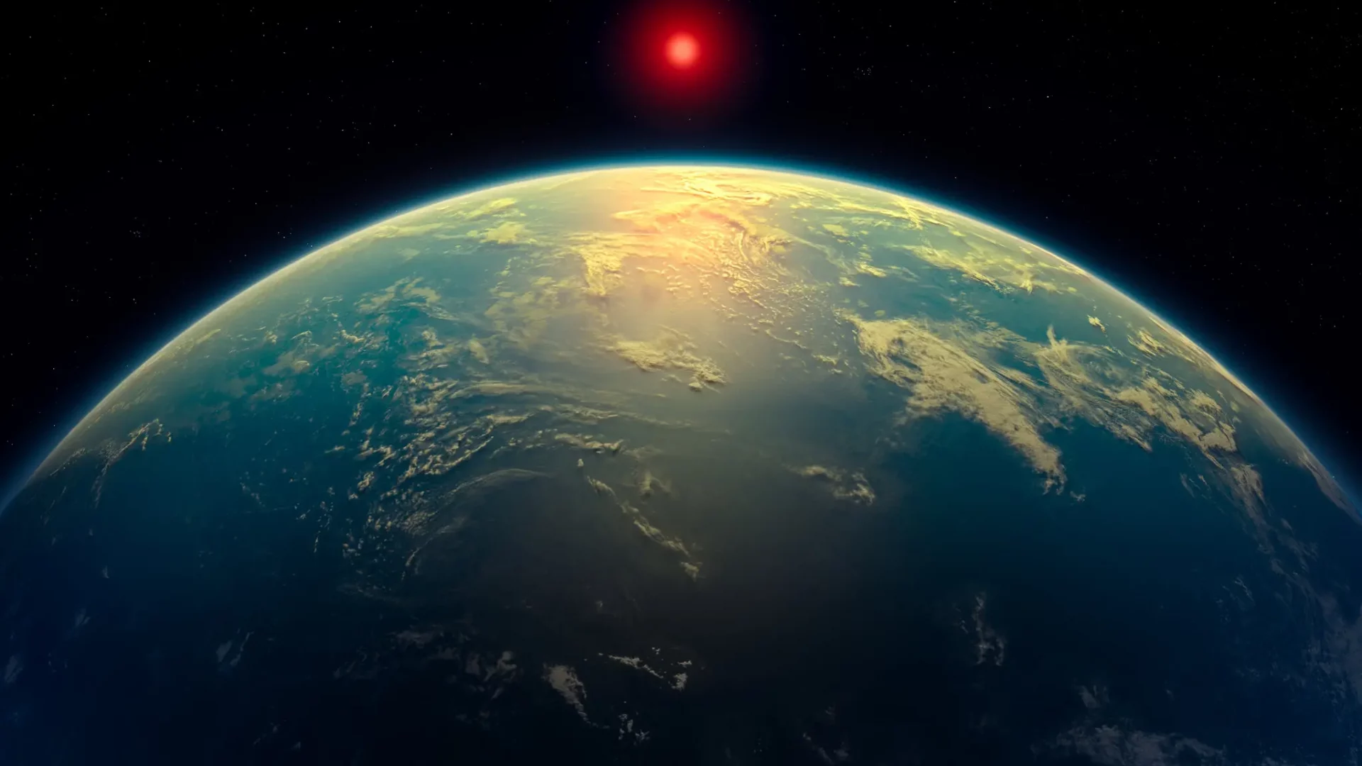 Concepção artística de um exoplaneta Hiceano como K2-18b orbitando uma estrela anã vermelha