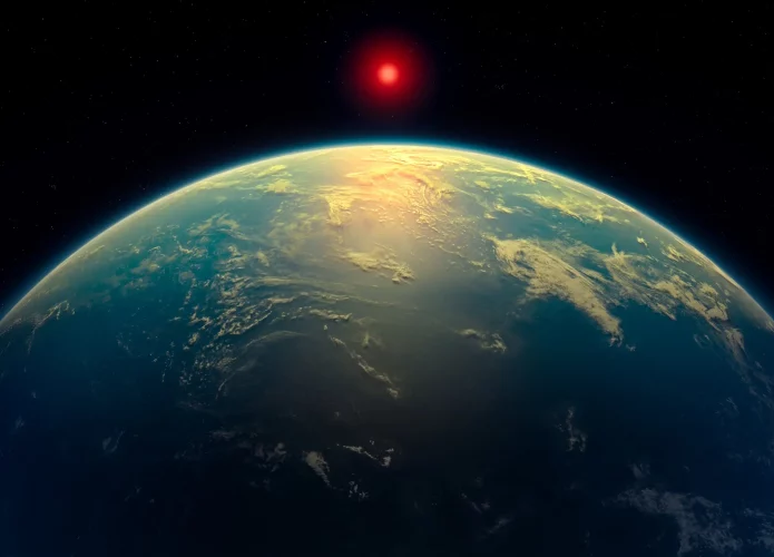 Concepção artística de um exoplaneta Hiceano como K2-18b orbitando uma estrela anã vermelha