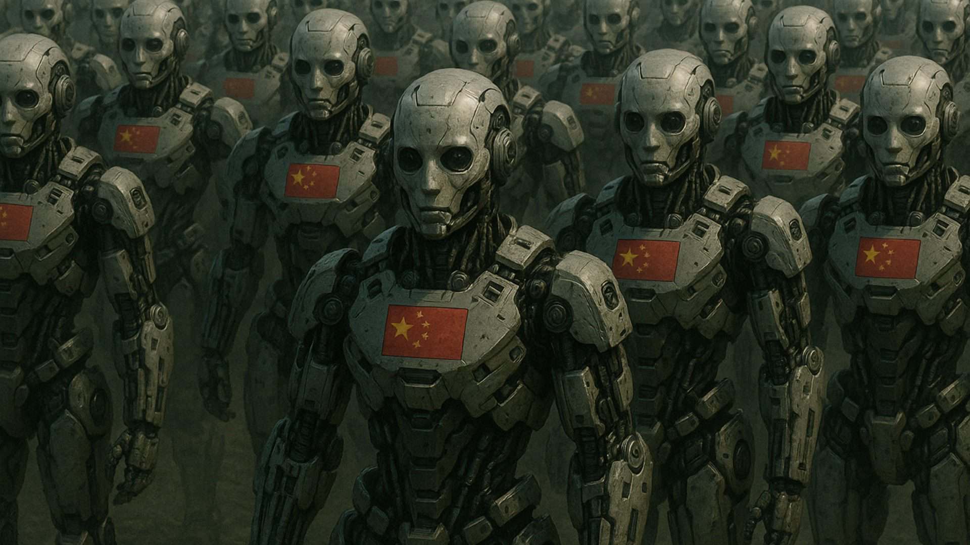 Imagem gerada por inteligência artificial mostra um exército de robôs humanoides com a bandeira da China estampada no peito.